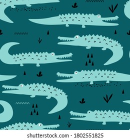 Hand drawing cute crocodile seamless pattern vector illustration for the t-shirt design with slogan. Vector illustration design for fashion fabrics, textile graphics, prints.