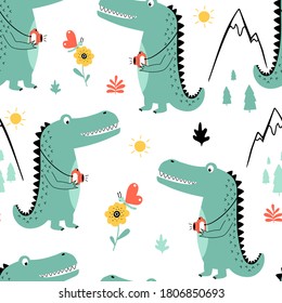 Hand drawing cute crocodile seamless pattern vector illustration for the t-shirt design with slogan. Vector illustration design for fashion fabrics, textile graphics, prints.