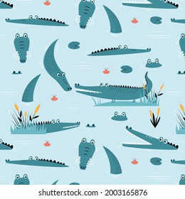 Hand drawing cute crocodile seamless pattern vector illustration for the t-shirt design. Vector illustration design for fashion fabrics, textile graphics, prints.