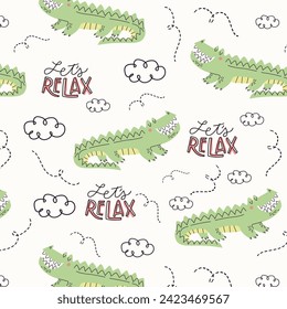 Hand drawing cute crocodile seamless pattern vector illustration for the t-shirt design with slogan. Vector illustration design for fashion fabrics, textile graphics, prints.