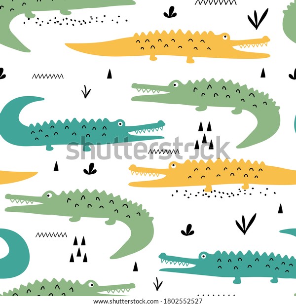 Hand drawing cute\
crocodile seamless pattern vector illustration for the t-shirt\
design with slogan. Vector illustration design for fashion fabrics,\
textile graphics, prints.