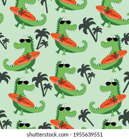 Hand drawing cute crocodile with surboard seamless pattern. Vector illustration design for fashion fabrics, textile graphics, prints.