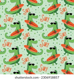 Hand drawing cute crocodile with surboard seamless pattern. Vector illustration design for fashion fabrics, textile graphics, prints.