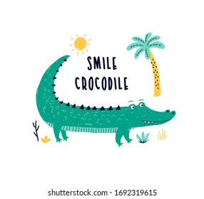 Hand drawing cute crocodile vector illustration for t-shirt design with slogan. Vector illustration design for fashion fabrics, textile graphics, prints.