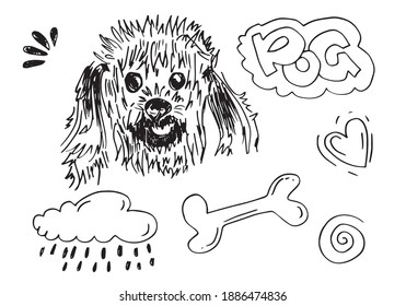 dibujo a mano de perro lindo, nube, hueso de perro y corazón para el concepto de diseño