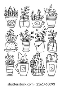 Dibujo manual de un lindo conjunto de dibujos de caricaturas domésticas en ollas. Flores de arte en línea. Uso para pegatinas, libros de color, páginas, patrones, impresión, diseño