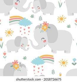 Hand drawing cute elephant and baby elephant seamless vector illustration for the t-shirt design. Vector illustration design for fashion fabrics, textile graphics, prints.