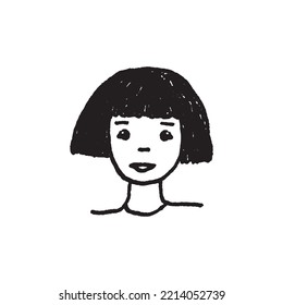 Hand drawing of cute face girl. Black and white minimal style doodle.