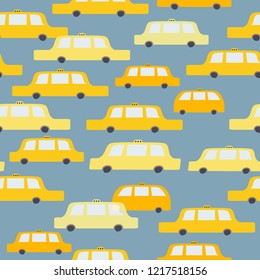 Hand drawing cute flat yellow cars taxi seamless pattern background