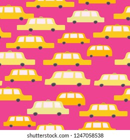 Hand drawing cute flat yellow cars taxi seamless pattern background