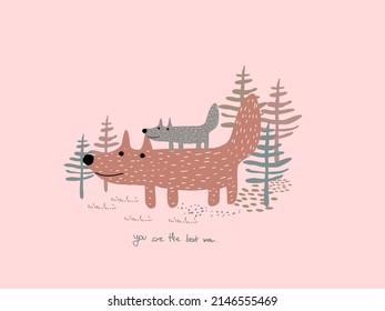 Hand drawing cute fox mother and baby fox  for decoration,card,T-shirt,print,book,fabric,mother's day concept.