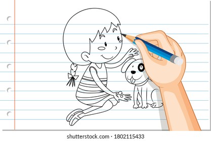 Hand drawing of cute girl with a dog outline illustration