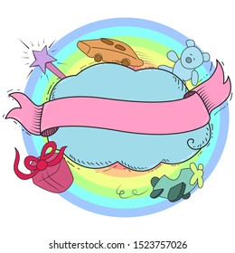 Hand drawing cute logo. With hand drawing toys. Colorful cartoon style.