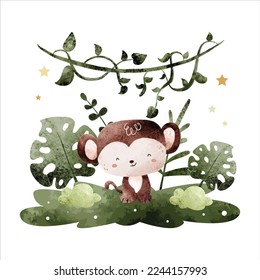 Hand drawing Cute monkey and leaves