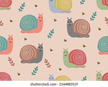 Hand drawing cute pattern,seamless patten with colorful snail,leaves and grasses for decoration,wallpaper,wrapping paper,cloth,textile,card and for kids.