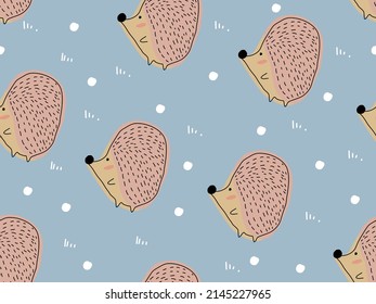 Hand drawing cute pattern,seamless patten with Hedgehog,snow and grasses for decoration,wallpaper,wrapping paper,cloth,textile,card and for kids.