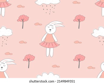 Hand drawing cute pattern,seamless patten with lovely rabbit,tree,cloud and rain for decoration,wallpaper,wrapping paper,cloth,textile,card and for kids.