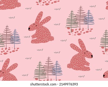 Hand drawing cute pattern,seamless patten with rabbit,tree and grasses for decoration,wallpaper,wrapping paper,cloth,textile,card and for kids.