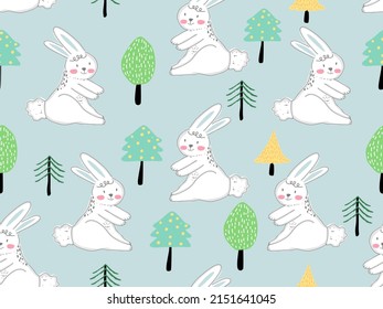 Hand drawing cute pattern,seamless patten with lovely rabbit and cute tree  for decoration,wallpaper,wrapping paper,cloth,textile,card,apparel.