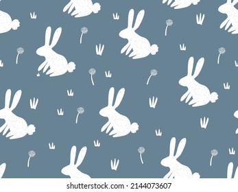 Hand drawing cute pattern,seamless pattern with little rabbits,grasses,flower for decoration,fabric,cloth,card,wallpaper,wrapping paper,Easter day concept.