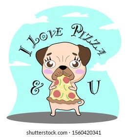 Hand drawing cute Pug eating pizza. Love pizza dog Vector illustration flat design.