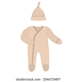 Hand drawing of a cute set of clothes for a newborn baby: hat and jumpsuit. Vector illustration of children's clothes beige.