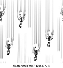 Hand drawing cute striped vector cats climbing the wall and leave scratches. Seamless pattern with black and white sketchy funky cat which making mess