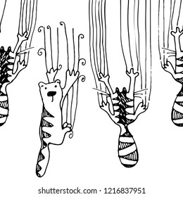 Hand drawing cute striped vector cats climbing the wall and leave scratches. Seamless pattern with black and white sketchy funky cat which making mess