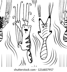 Hand drawing cute striped vector cats climbing the wall and leave scratches. Seamless pattern with black and white sketchy funky cat which making mess