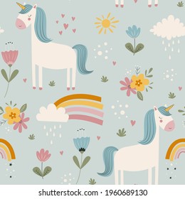Hand drawing cute unicorn and flowers seamless print design. Vector illustration design for fashion fabrics, textile graphics, prints
