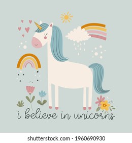 Hand drawing cute unicorn and flowers print design. Vector illustration design for fashion fabrics, textile graphics, prints