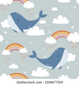 Hand drawing cute whale and sky seamless print design. Vector illustration design for fashion fabrics, textile graphics, prints