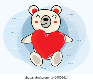 Hand drawing: Cute white bear with smile and big red heart shape in the water, cartoon style.