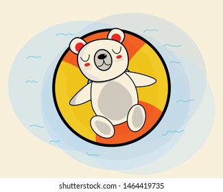 Hand drawing: Cute white bear with smile on float ring in the water, cartoon style.