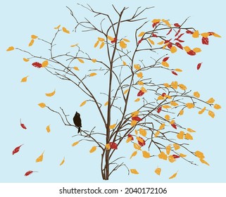 Hand drawing of deciduous tree with falling autumn leaves and bird sitting on branch