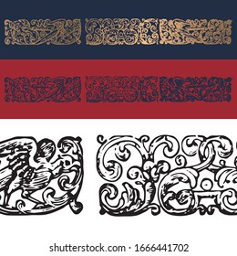 Decoraciones y diseños de dibujo a mano , Ornamentos y separadores de época, elementos de diseño calligráfico y decoración de página, estilo retro de plantilla de motivos florales ornamentales, Aves y viñas