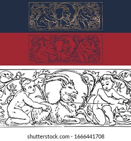 Hand drawing Decorations & Designs , Vintage ornaments and dividers, calligraphic design elements and page decoration, retro style of ornate floral patterns template, Boy holding sheep