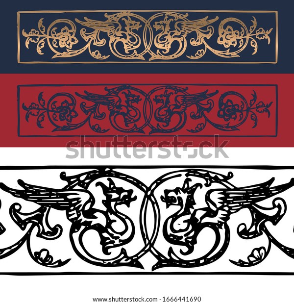 Hand drawing Decorations & Designs , Vintage\
ornaments and dividers, calligraphic design elements and page\
decoration, retro style of ornate floral patterns template, Two\
dragons