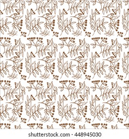 Hand drawing decorative floral and herbs silhouette seamless pattern on white background. Vector illustration