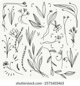 Hand drawing decorative lined floral vector set 