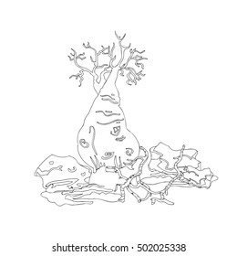 Hand drawing with decorative lines tree and stones . Vintage, engraving for color. Black and white coloring pages for adults. Vector illustration.