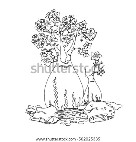hand drawing decorative lines trees stones stock vector royalty