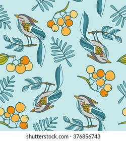 hand drawing decorative seamless background with birds,berries and leaves. bright fabric pattern