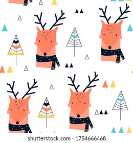 Hand drawing deer and forest vector illustration seamless pattern. Vector illustration design for fashion fabrics, textile graphics, prints.	