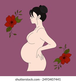 Hand drawing of a delicate pregnant girl with flowers