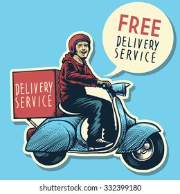 hand drawing of delivery service man riding a scooter