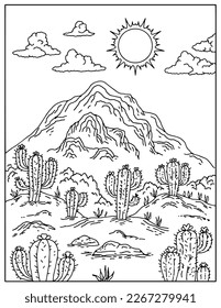 hand drawing desert cactus landscape coloring page for kid