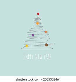 Handzeichnung Design von Weihnachtsbaum mit einem glücklichen neuen Jahrvektor. Weihnachtsbaum mit verschiedenen Farben helle Bälle. Illustrationsvektor