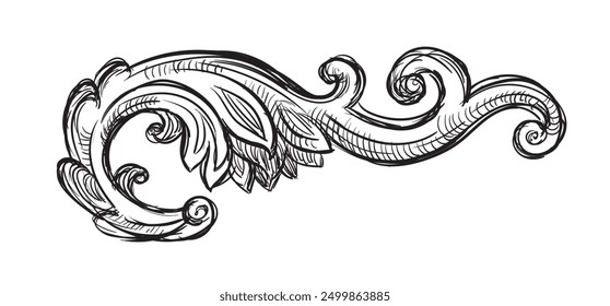 Hand drawing design element in baroque style. Vector isolated illustration. Vintage decorative architectural detail, design ornate element in old fashioned style for decoration, print and design.