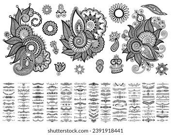 Hand drawing design elements floral divider set, big collection vector illustration